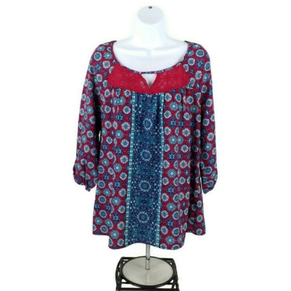 Red Camel Red Blue Medallion Print 3/4 Sleeve Top Womens Medium Lace Insets